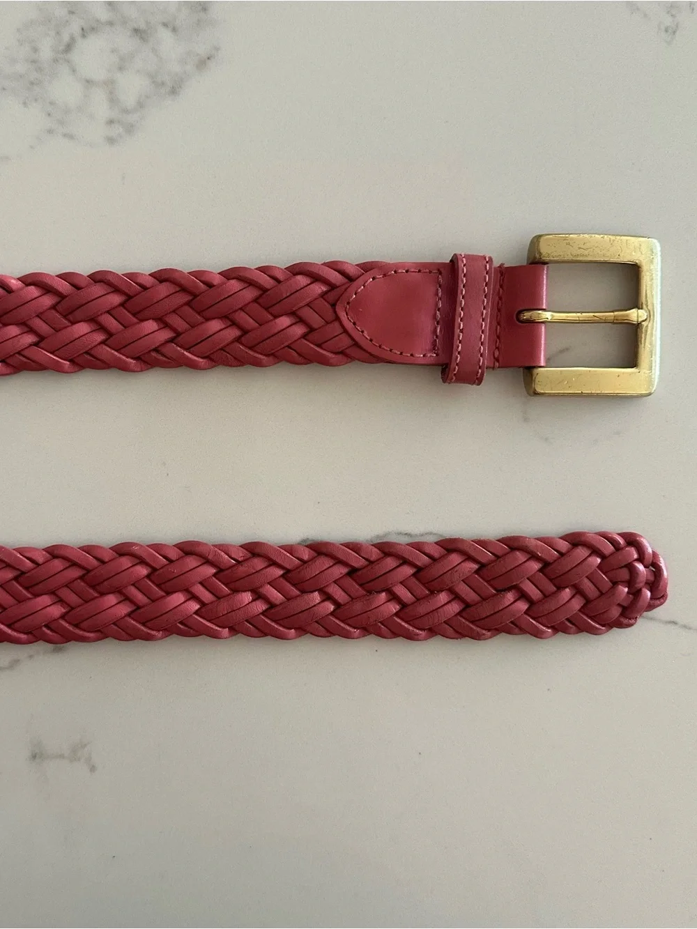 Vintage Talbots Braided Leather Belt Solid Brass Square Buckle Gloss Pink M